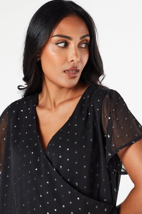 Petite Metallic Spot Wrap Blouse