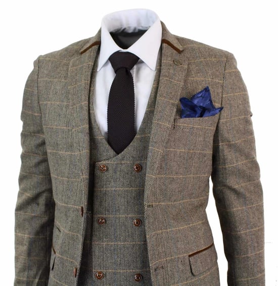 3-teiliger Herrenanzug aus hellbraunem Tweed mit Fischgrätenmuster und Karomuster - Image 3