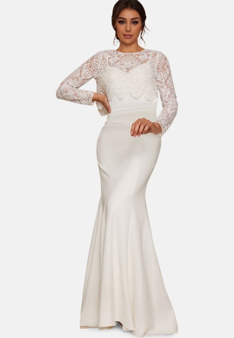 Lace Overlay Bodice Maxi Wedding Dress in White