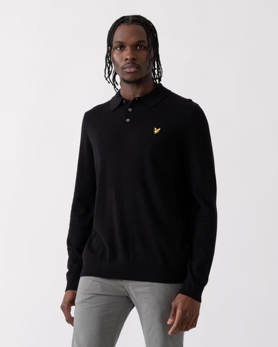 Lyle & Scott Lang�rmliges Strick-Poloshirt aus Merinowolle in Schwarz - Image 1