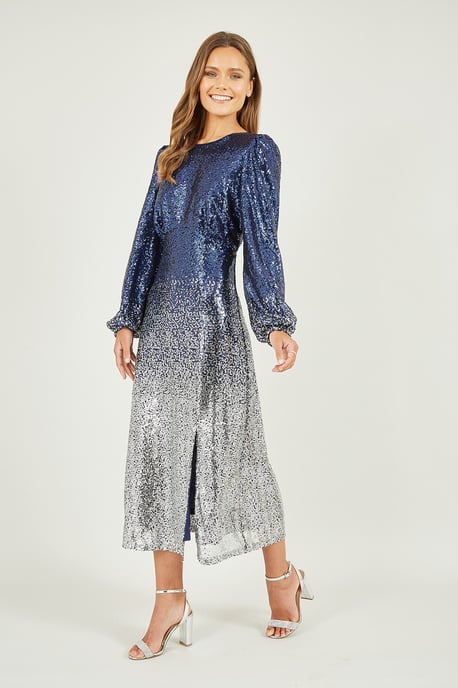 Navy and Silver Sequin Ombre Long Sleeve Midi Dress