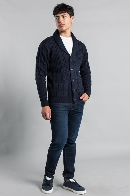 Dark Navy Shawl Neck Cable Knit Cardigan