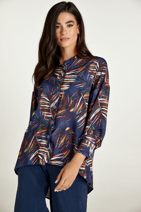 Leaf Print Blouse with Mandarin Collar