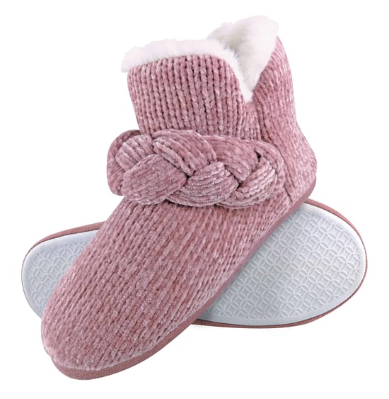 Dunlop - Damen gestrickt warmen Fleece Plüsch Hausschuhe Stiefel / Stiefeletten in Grau Fairisle und Rosa Cord Styles - Image 1