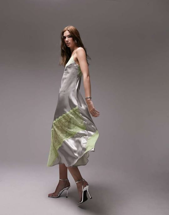 Topshop lame and lace cami midi dress in silver and lime