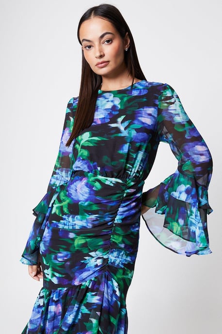 Ruched Skirt Flute Sleeve Midi Dress