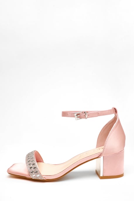 Wide Fit Pink Satin Diamante Low Block Heeled Sandals