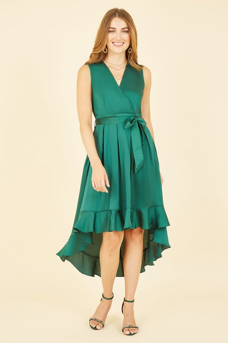 Mela Green Satin Dipped Hem Wrap Over Midi Dress