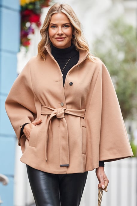 Camel Faux Wool Belted Cape Coat