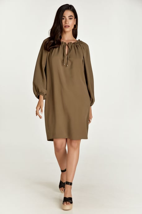 Olivgrünes Kleid mit Gürtel und Taschen - Image 4
