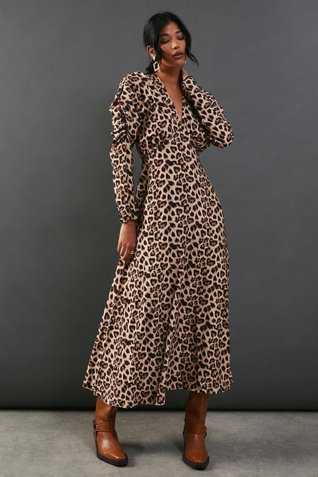 Leopard Viscose V Neck Long Puff Sleeve Midi Dress