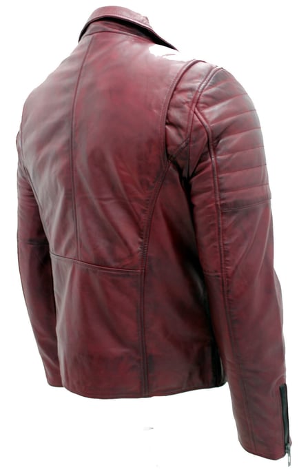 Brando-style slim-fit leather biker jacket with cross zipper