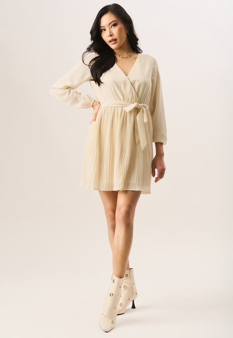 Pleated Long Sleeve Wrap Mini Dress