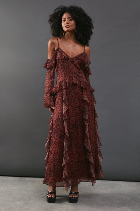 Chiffon Animal Print Cold Shoulder Ruffle Detail Maxi Dress