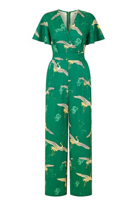 Yumi Green Crane Print Angel Sleeve Jumpsuit