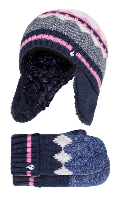 Wärmehalter - Girls Nordic Pattern Fairisle Design Trappermütze mit Pom Pom und Fäustlinge Handschuhe Set - Navy - Image 1