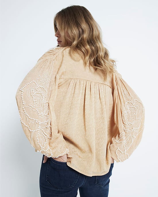 River Island Womens Blouse Beige Tie Neck Pearl