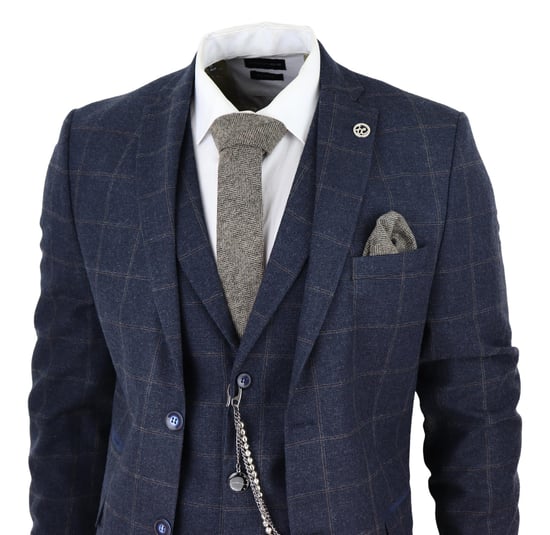 Herren 3-teiliges Wollanzug Navy Blau Tweed Karomuster Peaky Blinders 1920 Gatsby Formal - Image 3