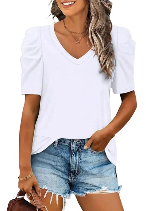 Damen V-Ausschnitt Puffärmel T-Shirt in Weiß - Image 1