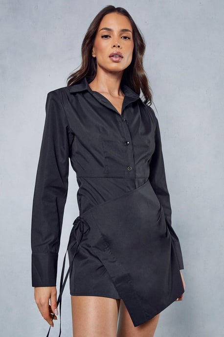 Poplin Wrap Skirt Shoulder Pad Long Sleeve Shirt Dress