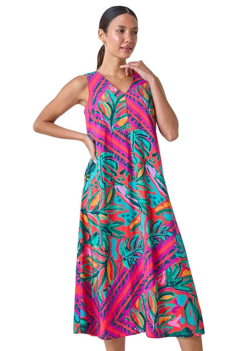Tropical Leaf Print A-Line Midi Dress