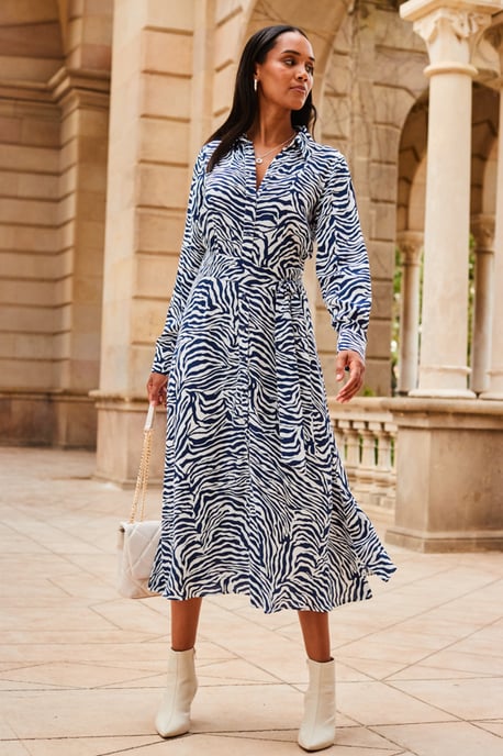 Blue & White Zebra Print Midi Shirt Dress