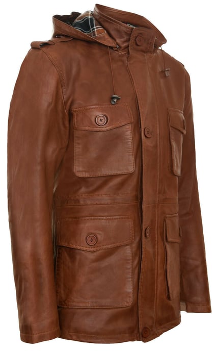 Trench coat with hood and several leather bags