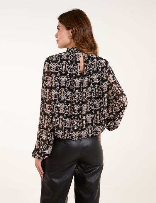 Bubble Hem High Neck Printed Top