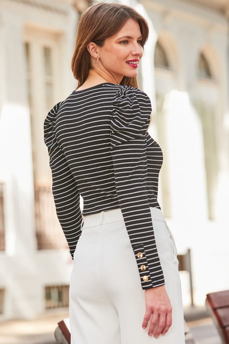Black & White Stripe Print Rib Long Sleeve Jersey Top