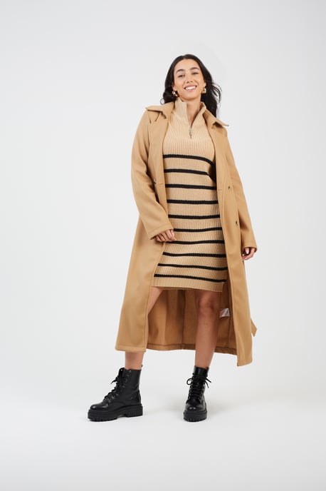Camel Striped Knitted Half Zip Mini Dress