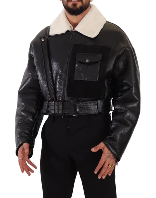 Dolce & Gabbana Herren schwarze Leder-Schaffell-Bikerjacke - Image 5