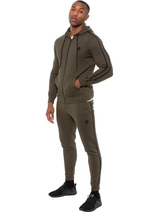 Enzo | Mens Zip Up Tape Hoodie Tracksuit Set - Khaki