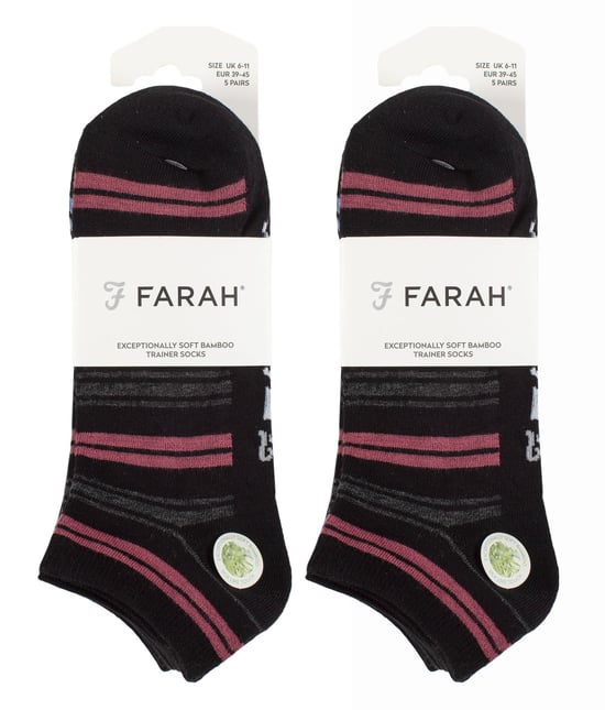 10 Paar Herren Bambus-Trainersocken | Farah | Gestreifte gepolsterte Knöchelsocken - Schwarzer Streifen - Image 2
