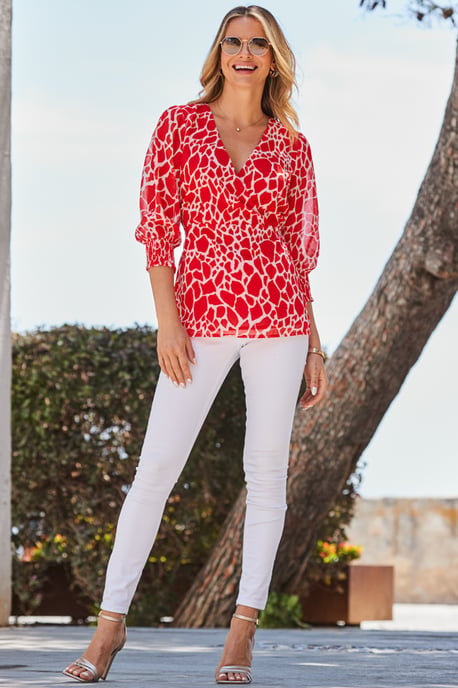 Red Morocco Print Faux Wrap Tunic Top