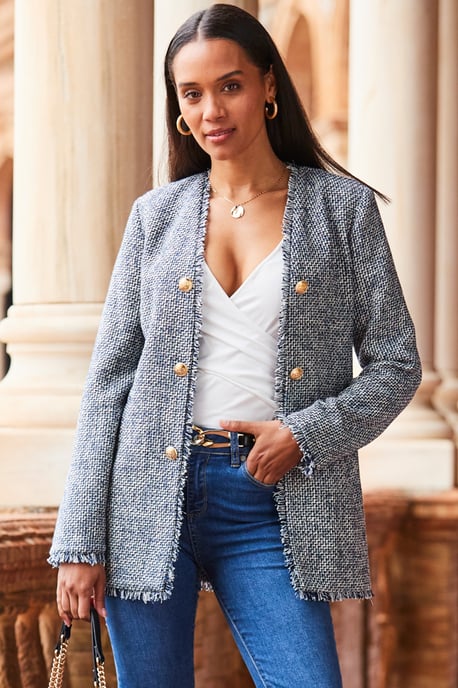 Navy Blue Boucle Longline Jacket With Gold Buttons