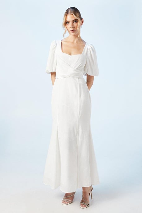 Puff Sleeve Satin Jacquard Wrap Waist Wedding Dress - Image 1