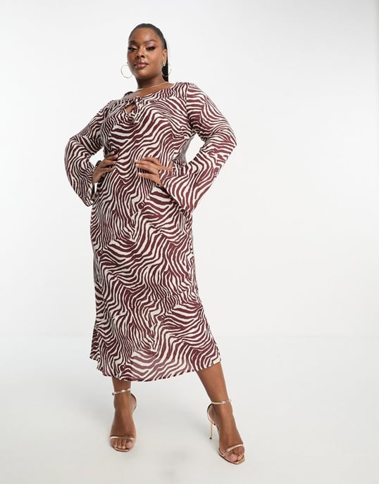 ASOS DESIGN Curve tie front long sleeve midi dress in zebra print-Multi