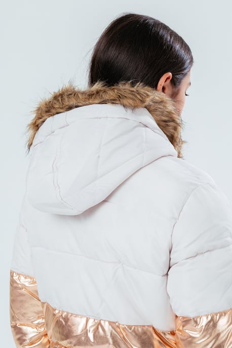 Hype Longline Metallic Panel Kids Puffer Jacket With Fur Hood