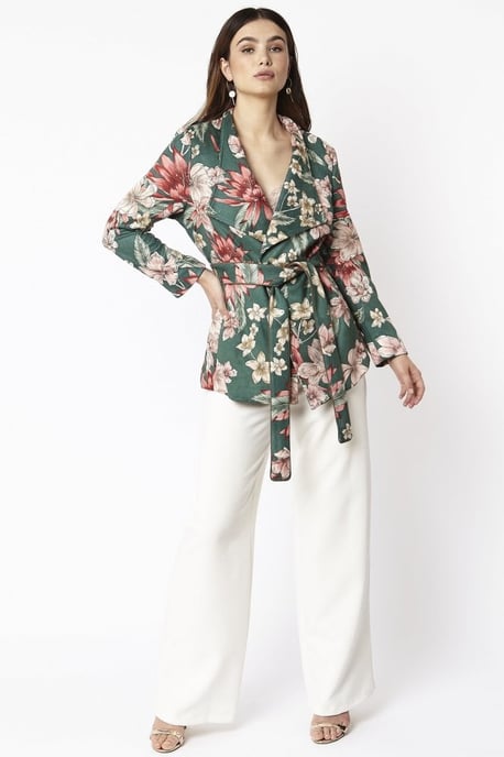 Faux Suede Floral Digital Print Tie Waist Jacket