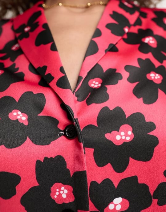 Flounce London short sleeve cropped shirt in red and black floral co-ord