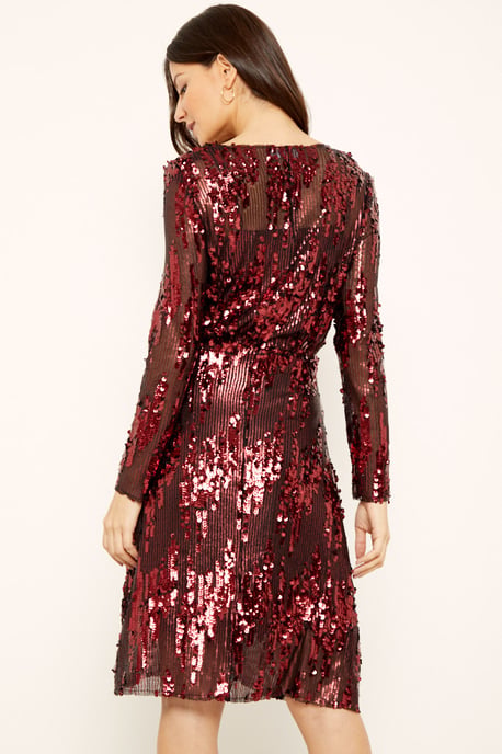 Ruby Red Scattered Sequin V Neck Dress