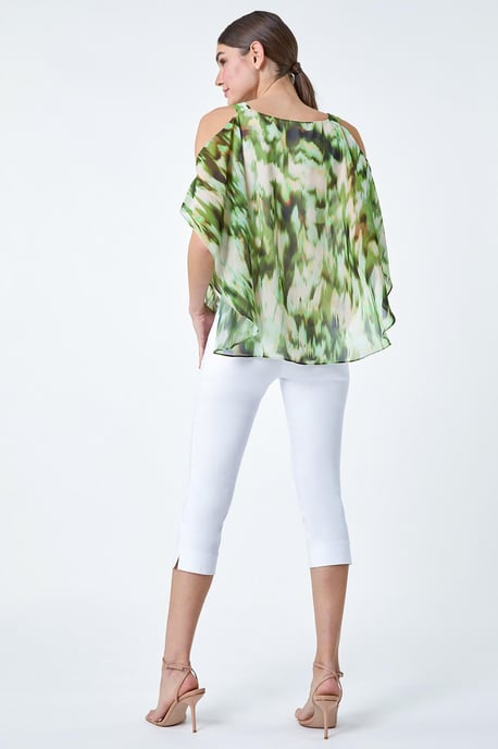 Abstract V-Neck Cold Shoulder Overlay Top