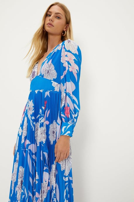 Statement Floral Tie Back Pleated Maxi Dress