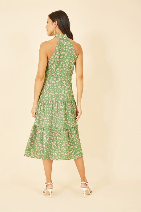 Green Halter Neck Floral Midi Dress