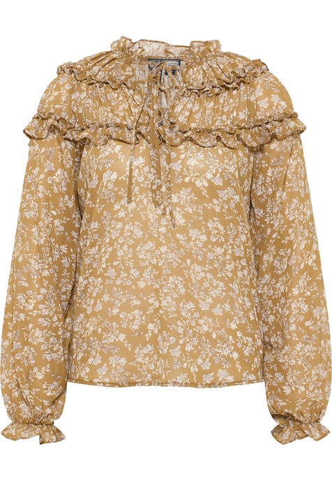 Dreimaster Rüschenbluse Damen Senf Weiss - Image 1