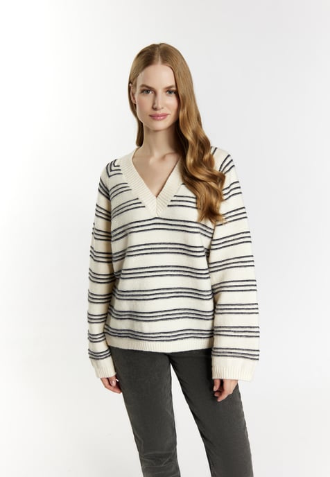 Dreimaster Strickpullover Damen Wollweiss Marine - Image 3