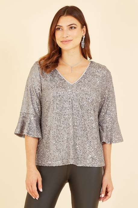 Silver Sequin Top With Fluted Sleeve