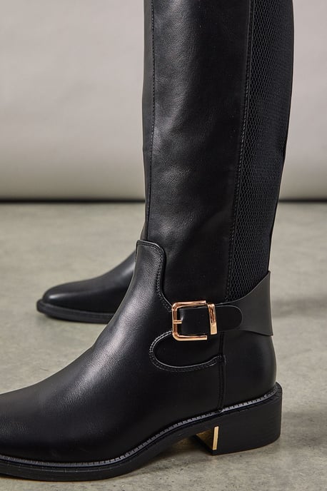 Holly Buckle Detail Elastic Back Knee High Riding Boots