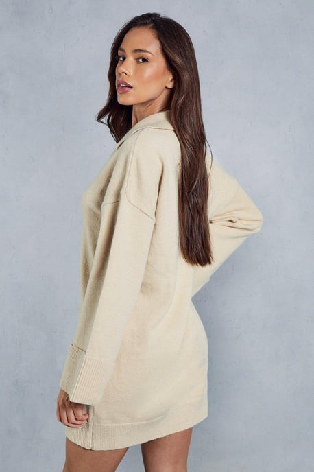 Brushed Knit V Neck Collared Jumper Dress