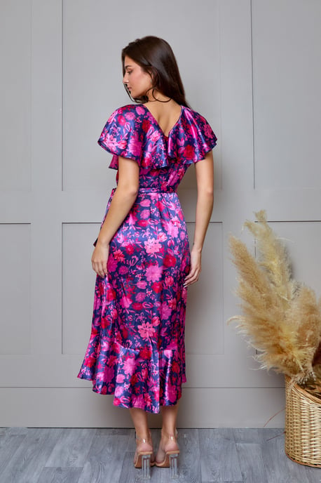 V Neck Floral Wrap Midi Dress in Multi